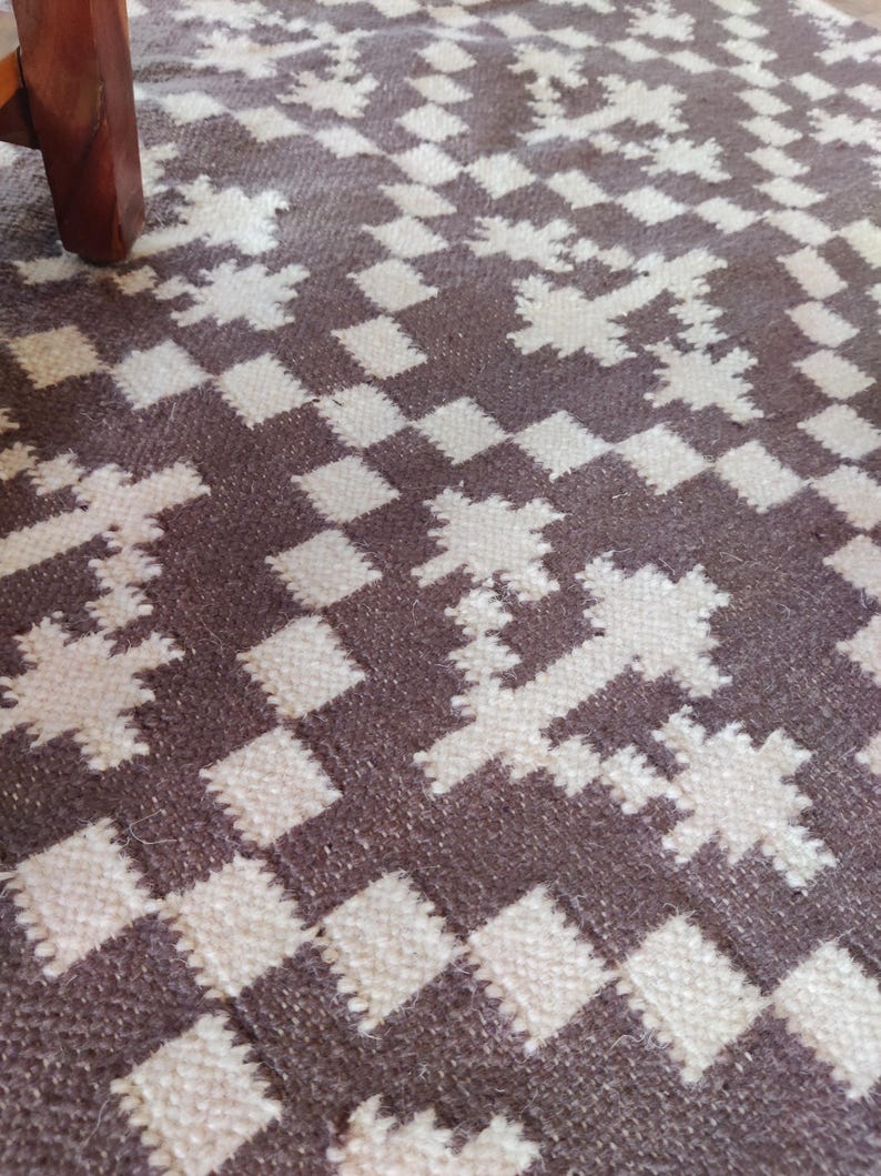 Handwoven Wool Rug, Modern Wool Brown And White Area Rug, Flatweave Rug, 5x8 Ft Kilim Woven Rug, Rugs For Bedroom, Indoor And Outdoor Rug