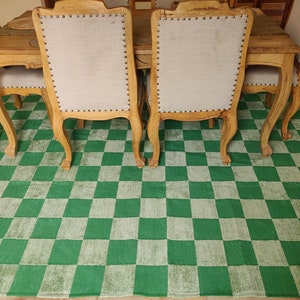 Green Checkered Cotton Chenille Rug, 8x10 Flatweave Area Rug, Handwoven Cotton Rug For Bedroom, Home And Living, Hallway Rug, Indoor Rug
