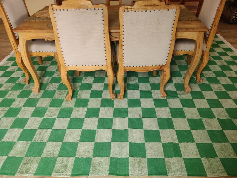 Green Checkered Cotton Chenille Rug, 8x10 Flatweave Area Rug, Handwoven Cotton Rug For Bedroom, Home And Living, Hallway Rug, Indoor Rug