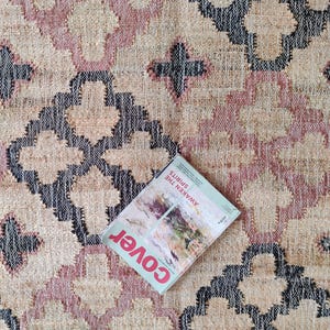 Beige Jute and Cotton Rug with Red Diamond, Natural Jute Hand Woven Premium Quality Boho Style Rug Moroccan Nordic Rug Bohemian Decor Rug