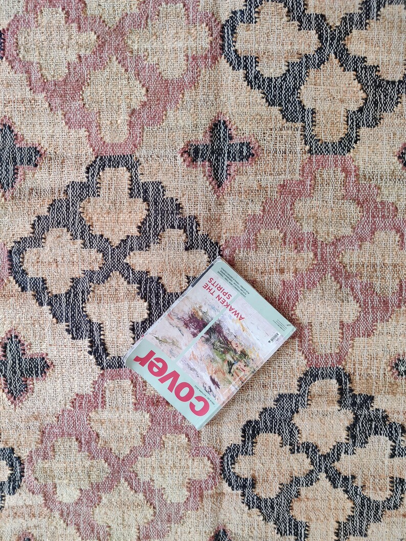 Beige Jute and Cotton Rug with Red Diamond, Natural Jute Hand Woven Premium Quality Boho Style Rug Moroccan Nordic Rug Bohemian Decor Rug