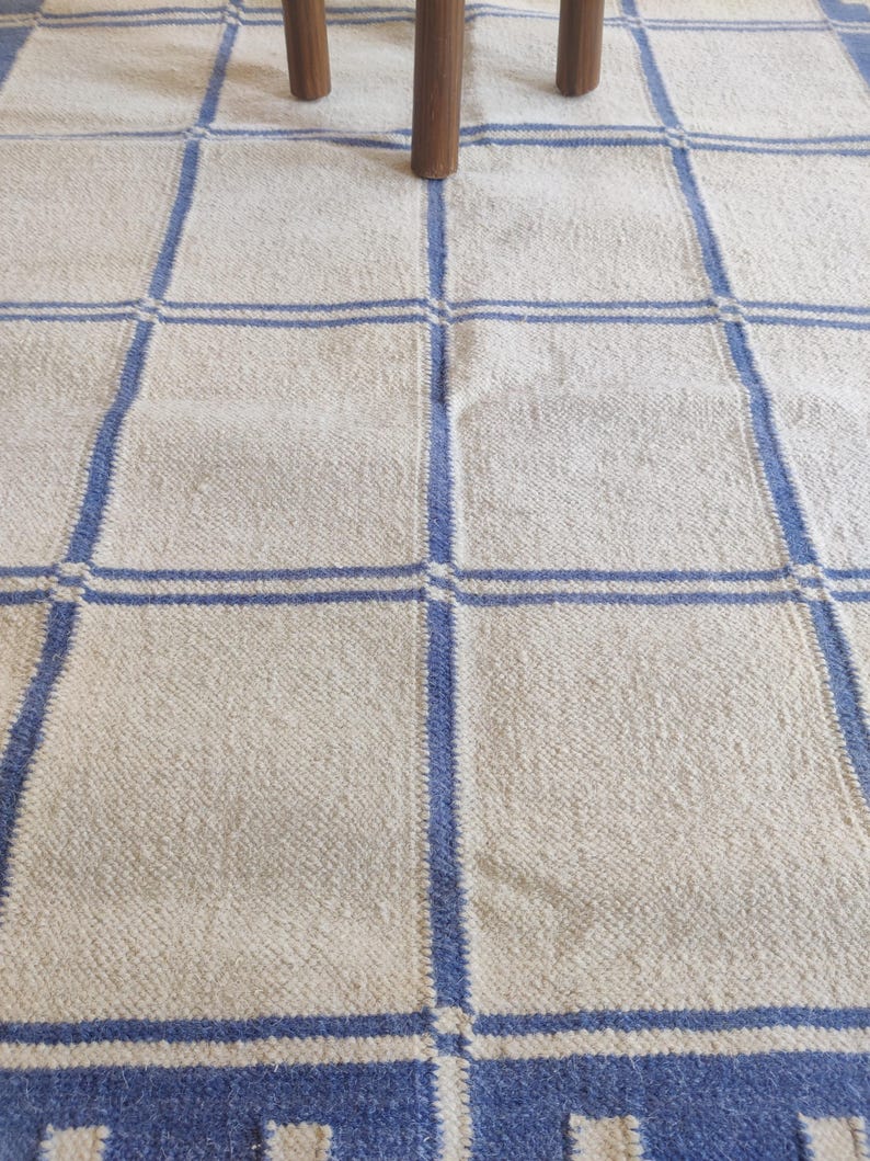 Cotton Wool Rug, Blue Geometric Handwoven Area Rug, Flatweave Living Room Carpet, Scandinavian Style Bedroom Rug, Soft Durable Rug, 8x10 Rug image 11