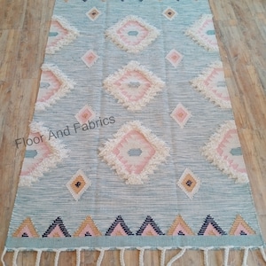 Sea Green Wool Moroccan Rug Hand Woven Bohemian Decor Inspired, Boho Scandinavian Decor