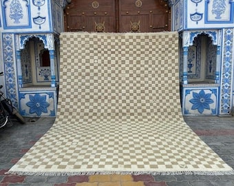 Tapis néo-zélandais 8 x 11 ft, tapis beige et blanc, tapis à carreaux en laine, tapis à damier