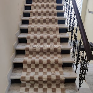 Stair Area Runner Rug - Modern Irregular Checkered Wool Dhurrie, Home Decor Step Area Rug, Stairway Padded Personalization Custom Rug