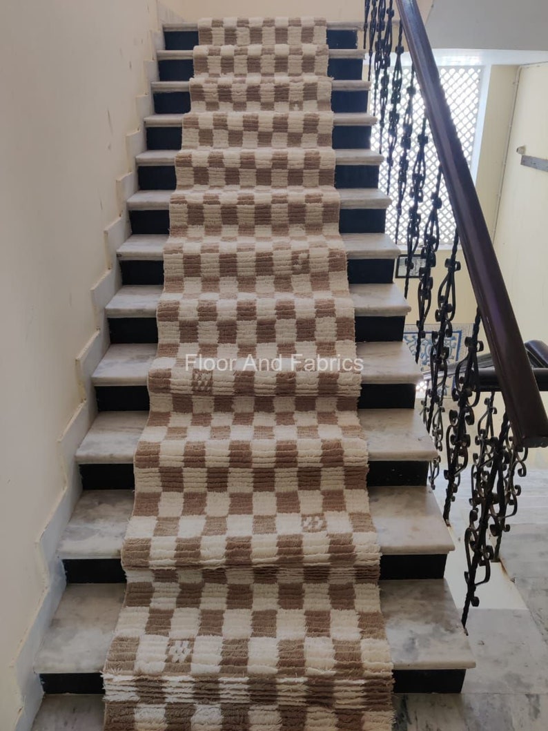 Stair Area Runner Rug - Modern Irregular Checkered Wool Dhurrie, Home Decor Step Area Rug, Stairway Padded Personalization Custom Rug