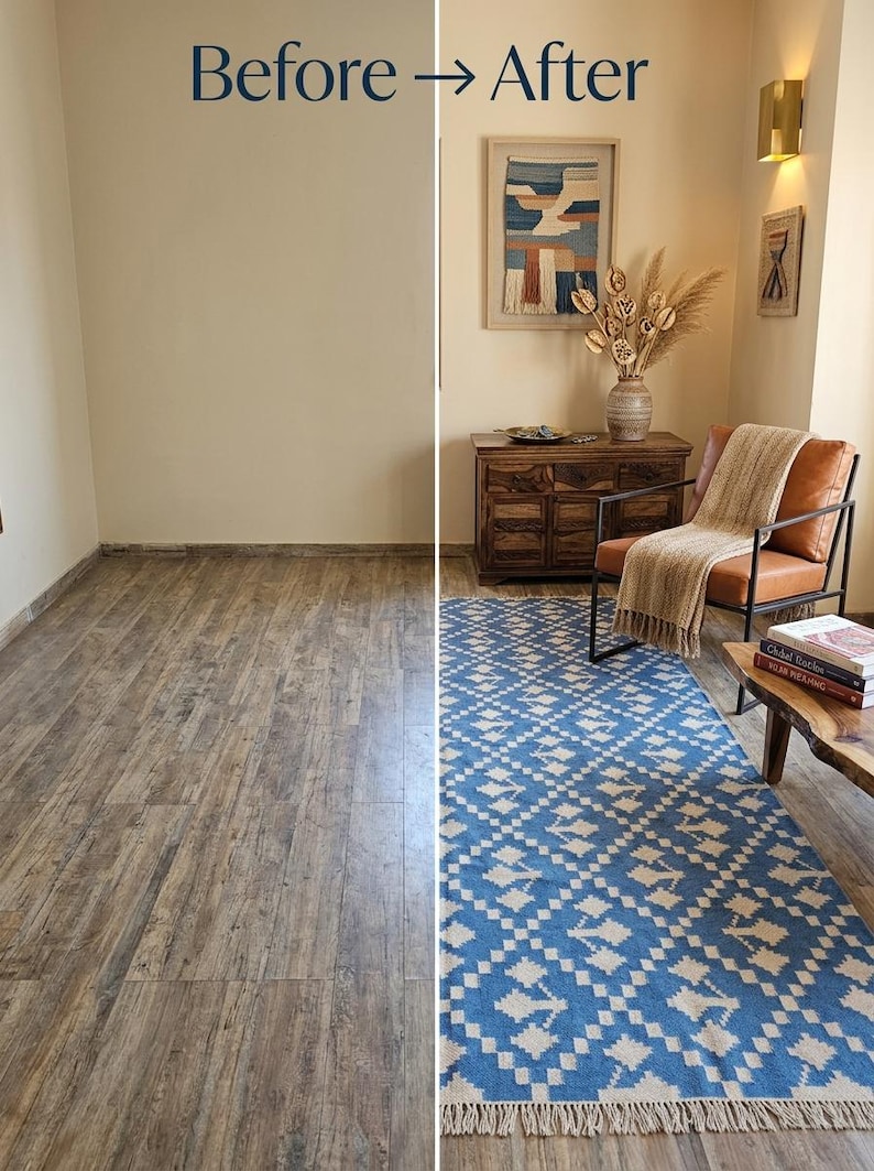 Puede incluir: Imagen de un 'antes y despu&eacute;s' de una habitaci&oacute;n. El 'antes' muestra una habitaci&oacute;n vac&iacute;a con suelo de imitaci&oacute;n madera. El 'despu&eacute;s' revela un espacio habitable amueblado con una alfombra estampada azul y blanca, muebles de madera y objetos decorativos.