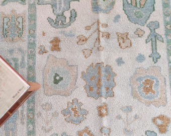 Hand Knotted Wool Oushak Rug: Modern Pastel Area Rug