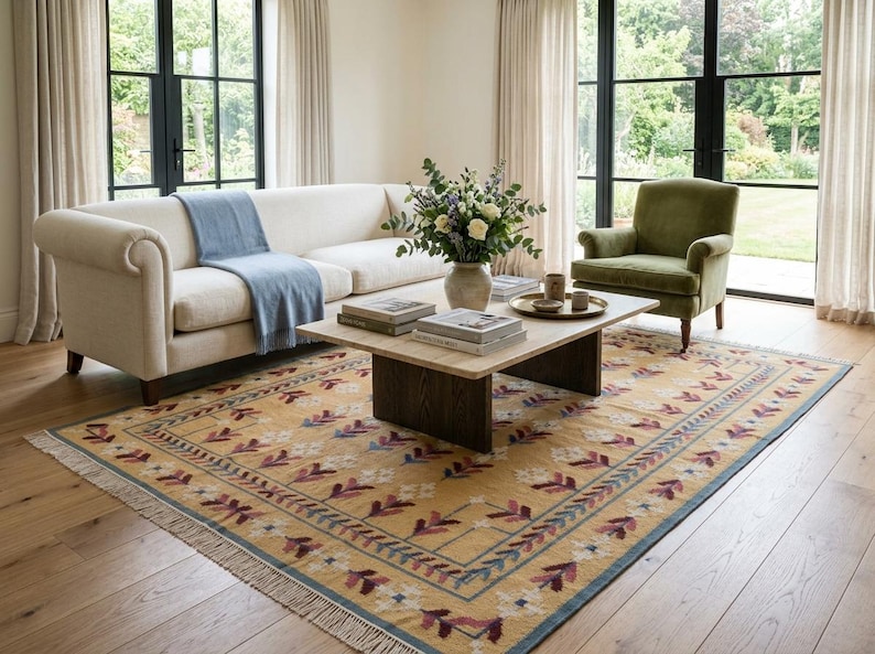 Handwoven Modern Wool Floral Area Rug, Multicolor Traditional Geometric Flatweave Carpet, Rugs For Living Room, Bedroom, Modern Rug 8x10 image 2