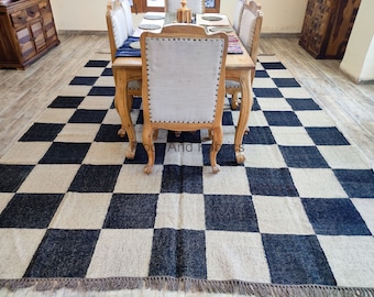 Tapete grande personalizado para área de piso xadrez feito à mão, casa e sala de estar, cozinha e sala de jantar, Dhurrie preto e branco