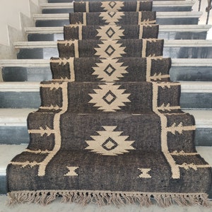 Wool Jute Kilim Runner Rug, Handwoven Floor Area Navajo Carpet, Designer Outdoor Mat, Living Room Eco Friendly Earthy Persian Stair Runner
