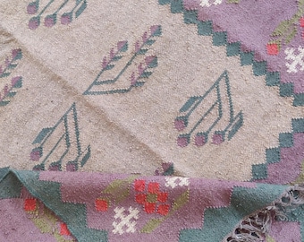 Handmade Wool Jute Kilim Rug, Handwoven Wool Jute Rug, Floral Design Rug, Flatweave Rug, Bohemian Rug, Indian Dhurrie Rug, Custom Size Rug