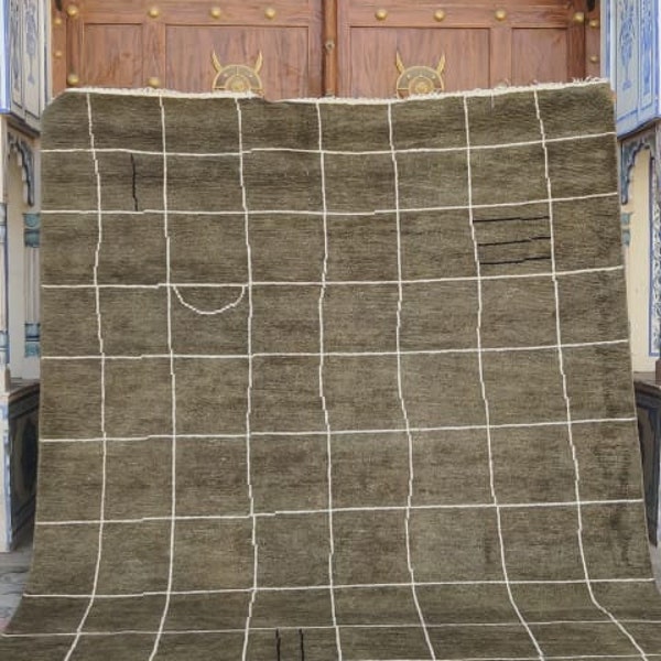 Handmade Khaki Grid Woolen Area Rug, Home decor Checkered Rug, Irregular Grid Handknotted Wool Rug For Bedroom, Home And Living Room Rug