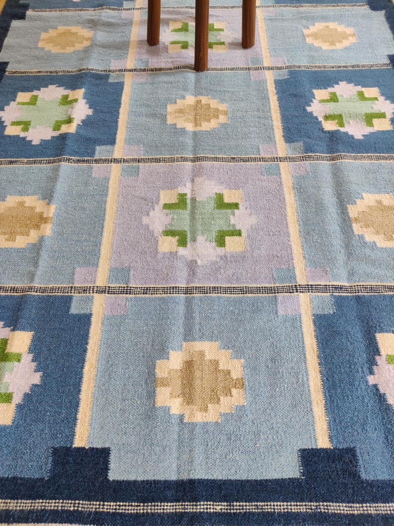 Scandinavian Rug Rollakan Blue Color, Wool Rug 5x8, Floral Kilim Area