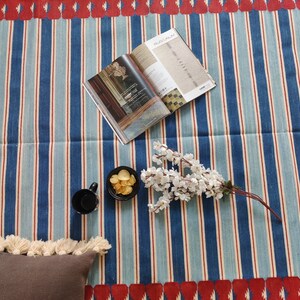 May include: A blue and white striped rug with red accents. The rug has a fringe border and is decorated with a magazine, a bowl of chips, a cup, and a sprig of white flowers.