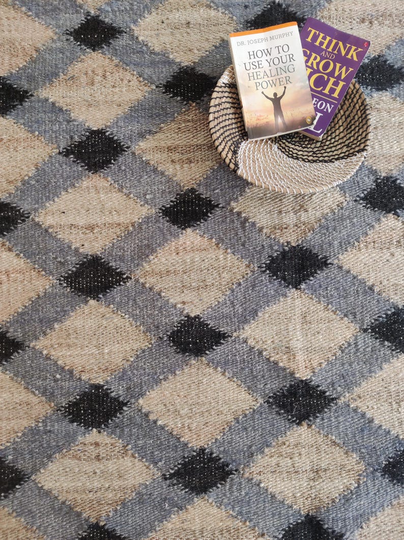 Handwoven Jute Hemp Rug, Black Grey Geometric Diamond Flatweave Carpet, Sustainable Natural Fiber Area Rug for Living Room 5x8, 6X9, 8X10, 
jute hemp rug,

geometric jute rug,

diamond pattern carpet,

natural fiber rug,

handwoven jute rug,

eco friendly rug,

sustainable floor rug,

neutral tone carpet,

boho farmhouse rug,

black grey jute rug,

flatweave area rug,

rustic decor rug