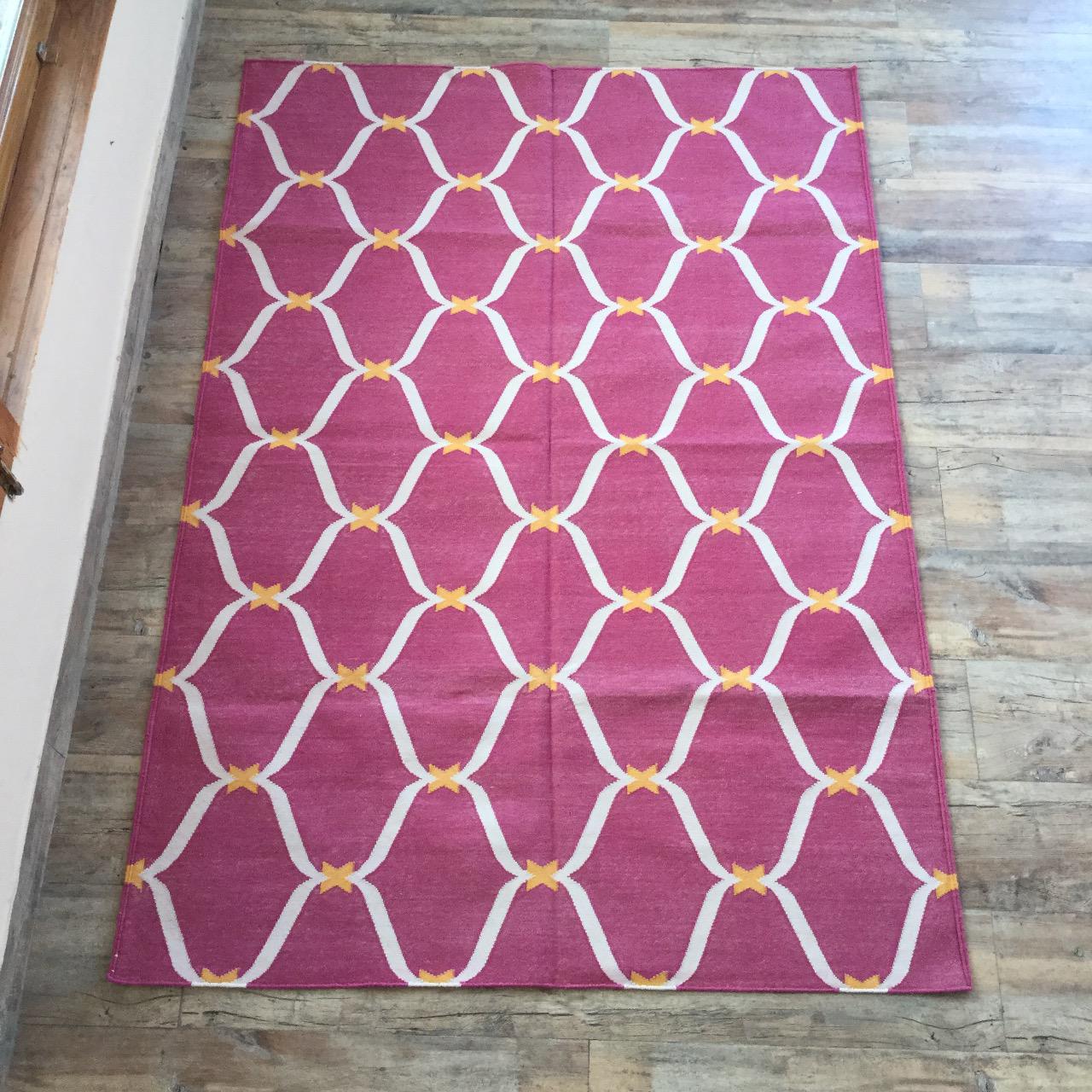 Cotton New Dhurrie Rug, Pink Geometric Area Rug, Flatweave Rug ...