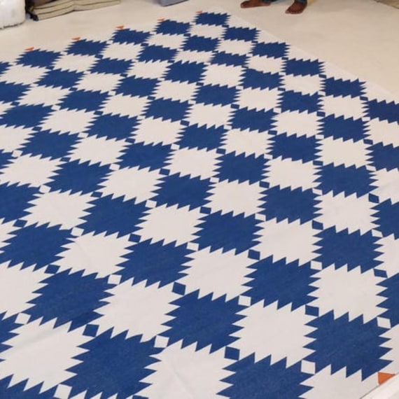 Blue And White Rug, Handmade Cotton Rug, Geometric Design Rug, Custom Rug, Area Rug, Cotton Dhurrie, Rugs For Bedroom, 6x9, 8x10, 9x12 Rug