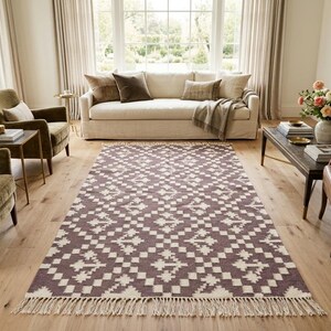 Handgeweven wollen vloerkleed, modern bruin en wit wollen vloerkleed, plat geweven vloerkleed, 5 x 8 ft kelim geweven vloerkleed, slaapkamertapijten, vloerkleed voor binnen en buiten afbeelding 2