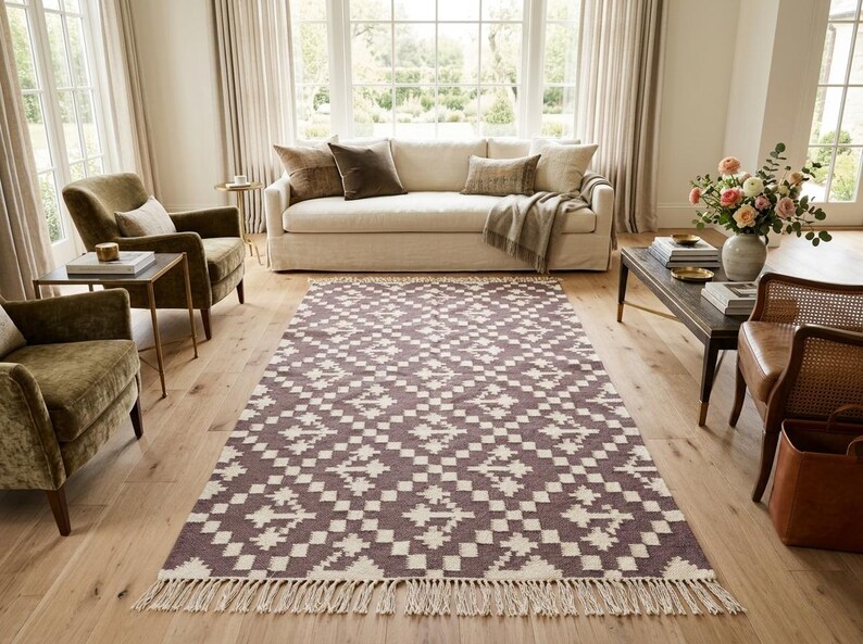 Handgeweven wollen vloerkleed, modern bruin en wit wollen vloerkleed, plat geweven vloerkleed, 5 x 8 ft kelim geweven vloerkleed, slaapkamertapijten, vloerkleed voor binnen en buiten afbeelding 2