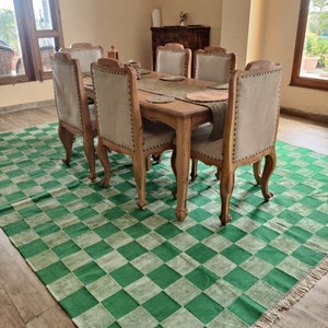 Green Checkered Cotton Chenille Rug, 8x10 Flatweave Area Rug, Handwoven Cotton Rug For Bedroom, Home And Living, Hallway Rug, Indoor Rug