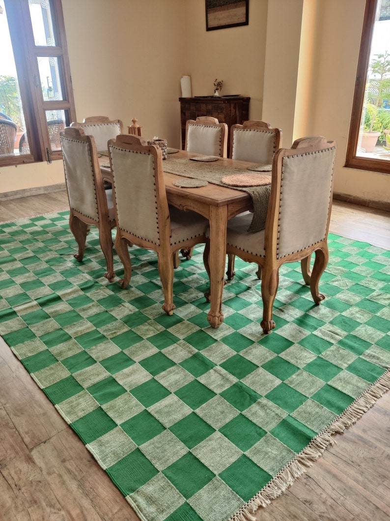 Green Checkered Cotton Chenille Rug, 8x10 Flatweave Area Rug, Handwoven Cotton Rug For Bedroom, Home And Living, Hallway Rug, Indoor Rug