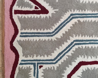 Cubist Hand-Tufted NZ Wool Rug, Modern Ropley Carpet, Pink Border Abstract Pattern Area Rug, Tufted Wool Rug 8x10, Living Room, Bedroom Rug