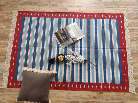 Home Decor Natural Dying Cotton Flat Weave Rug, Striped Custom Size Handmade Woven Rug, Designer Rug, Modern Rug