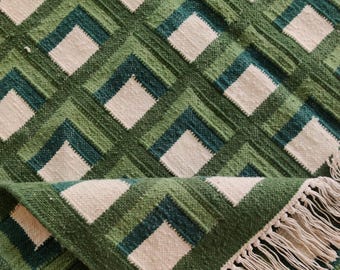 Green Checkered Wool Rug: Scandinavian Kilim Handwoven Area Rug, Modern Luxury Wool Area Rug, Flatweave Kilim Rug, 8x10, 9x12 Ft Rug