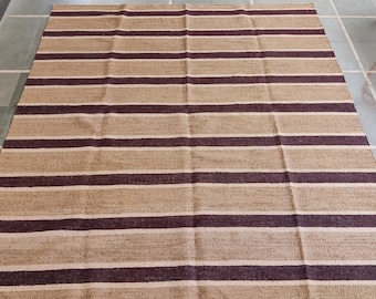 Handwoven Jute Hemp Striped Rug: Natural Fiber Dhurrie