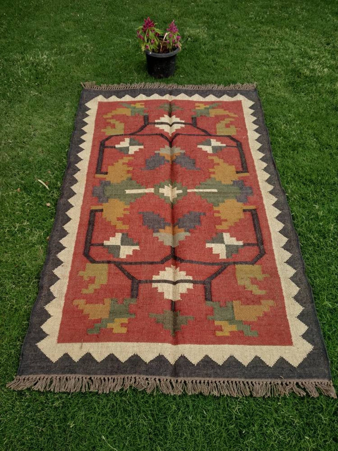 4x6 Handmade Wool and Jute Dhurrie RugGeometric Rug Home Etsy