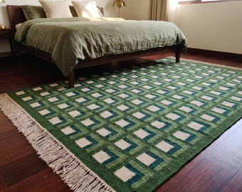 Green Checkered Wool Rug: Scandinavian Kilim Handwoven Area Rug, Modern Luxury Wool Area Rug, Flatweave Kilim Rug, 8x10, 9x12 Ft Rug