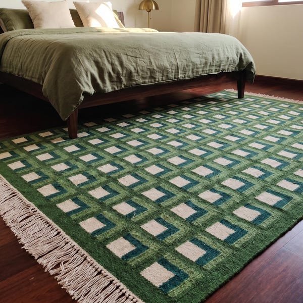 Green Checkered Wool Rug: Scandinavian Kilim Handwoven Area Rug, Modern Luxury Wool Area Rug, Flatweave Kilim Rug, 8x10, 9x12 Ft Rug