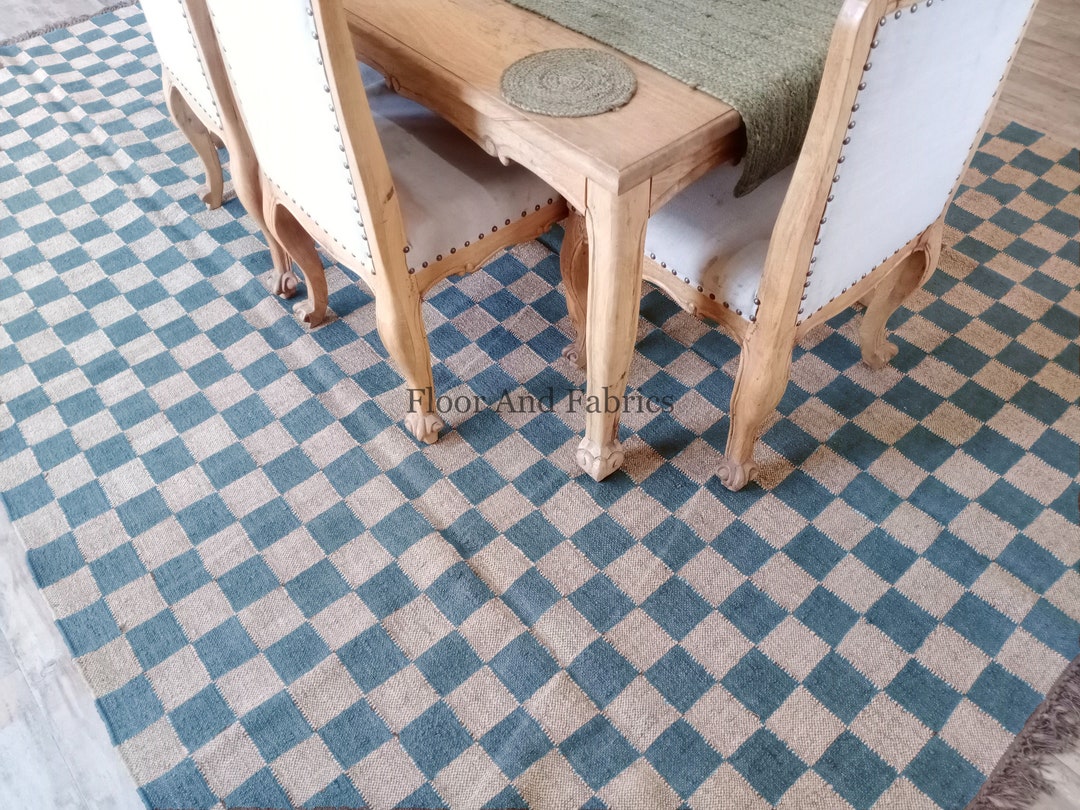 Checkerboard Jute Area Grid Rug Home Décor Large Floor Carpet Blue