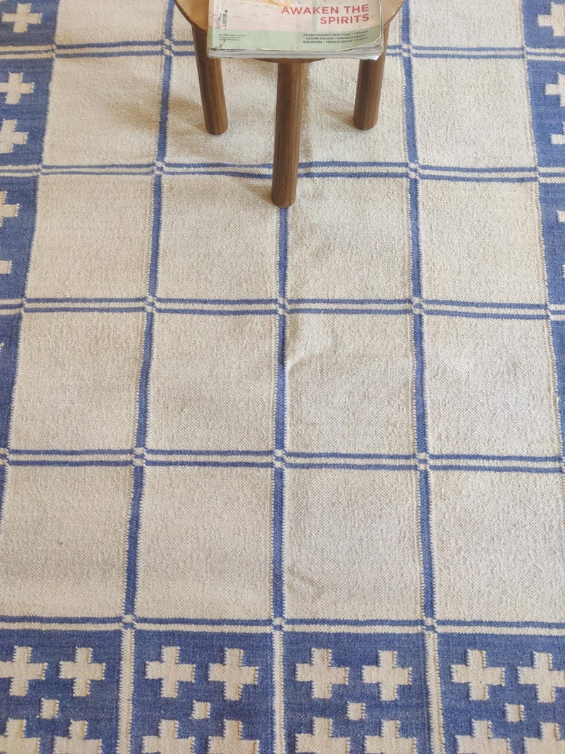 Cotton Wool Rug, Blue Geometric Handwoven Area Rug, Flatweave Living Room Carpet, Scandinavian Style Bedroom Rug, Soft Durable Rug, 8x10 Rug image 8