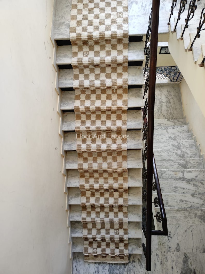 Stair Area Runner Rug - Modern Irregular Checkered Wool Dhurrie, Home Decor Step Area Rug, Stairway Padded Personalization Custom Rug