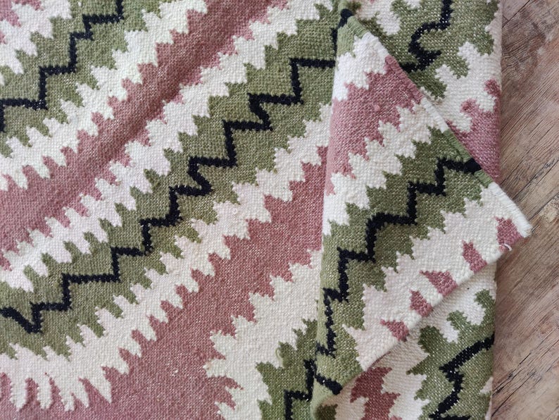 Cotton Wool Pink and Green Rug, Handwoven Modern Flatweave Area Rug