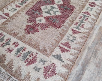 Handwoven Cotton Jute Rug, Boho Kilim Area Carpet, Vintage Style Rug, Woven Jute Flatweave Rug, 5x7, 6x9, 8x10, 9x12 Ft Rug, Kitchen Carpet