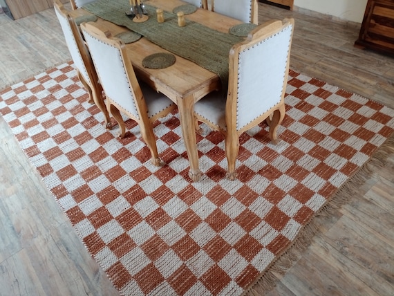 Tappeto da pavimento a scacchi 2,4 x 3 metri, casa e soggiorno, cucina e  sala da pranzo, tappeto Kilim in iuta arancione e bianco -  Italia