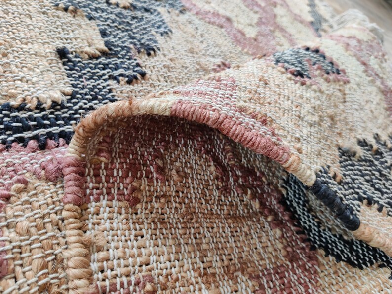 Beige Jute and Cotton Rug with Red Diamond, Natural Jute Hand Woven Premium Quality Boho Style Rug Moroccan Nordic Rug Bohemian Decor Rug