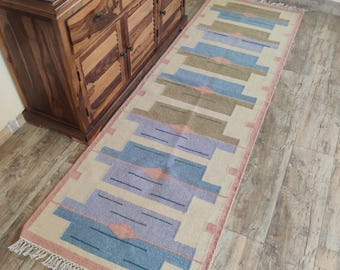 Handwoven Wool Kilim Runner: Geometric Stair Rug