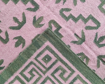 Scandinavian Wool Rug, Green Floral Flatweave Carpet, Key Border Swedish Kilim Rug, Handwoven Minimalist Rug, Home Decor Rug, Bedroom Carpet