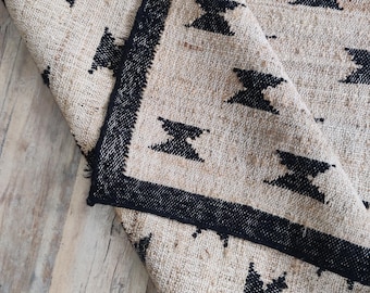 Handwoven Cotton Jute Rug: Natural & Black Boho Runner