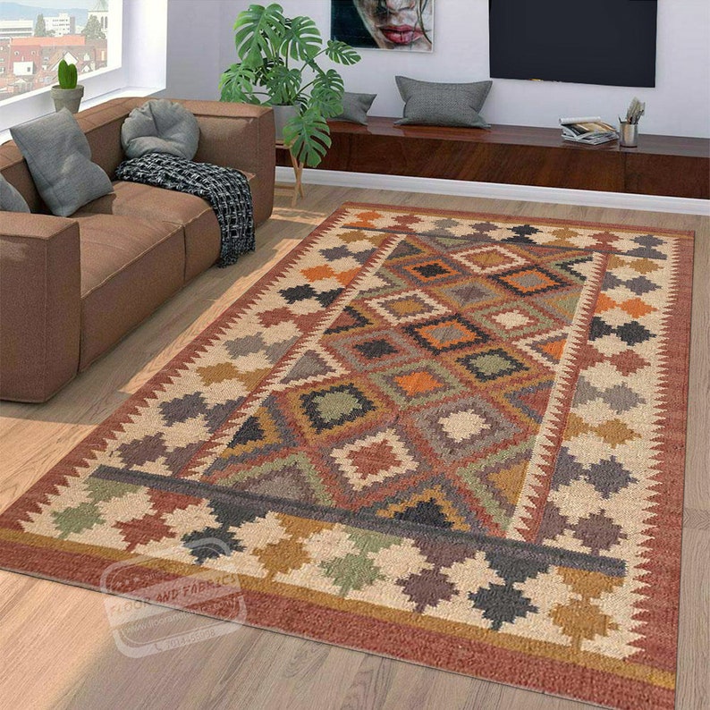 Geometric Wool And Jute Kilim Area Rug, Handmade Dhurrie, Kitchen & Dining Room Rug, Floor And Rugs
