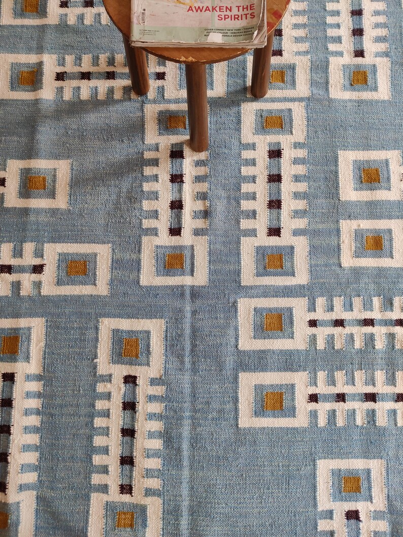Modern Geometric Wool Rug, Handwoven Swedish Flatweave Rug, Handmade Mid Century Kilim Style Accent Rug, Blue Wool Rug 8x10, 9x12, 12x15, Modern design rug, Bedroom accent rug, Handmade kilim carpet, Indoor Rug, Personalized Rug, Luxury Rug