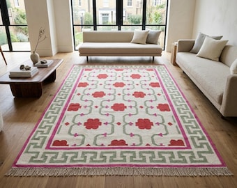 Floral Cotton Wool Rug, Handmade Botanical Area Rug, Cottagecore Carpet, Vintage Inspired Rug, Pink Green Living Room Decor, Custom Rug