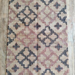 Beige Jute and Cotton Rug with Red Diamond, Natural Jute Hand Woven Premium Quality Boho Style Rug Moroccan Nordic Rug Bohemian Decor Rug