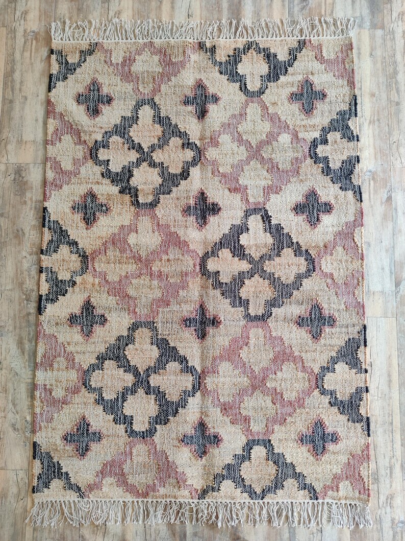 Beige Jute and Cotton Rug with Red Diamond, Natural Jute Hand Woven Premium Quality Boho Style Rug Moroccan Nordic Rug Bohemian Decor Rug