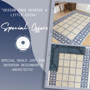 May include: A rectangular area rug featuring a cream-colored base with a repeating blue grid pattern and a border of blue cross motifs. The text reads: DESIGN PROS DESERVE A LITTLE EXTRA, Special Offers, DISCOUNT, FLOORS AND FABRICS, SPECIAL DEALS.