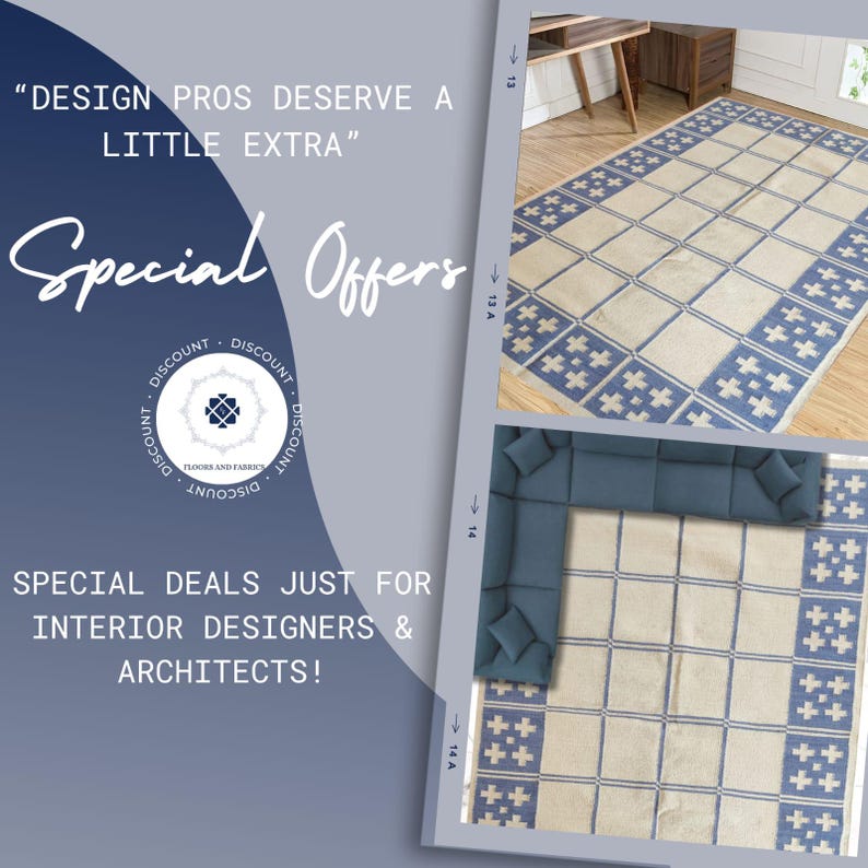 May include: A rectangular area rug featuring a cream-colored base with a repeating blue grid pattern and a border of blue cross motifs. The text reads: DESIGN PROS DESERVE A LITTLE EXTRA, Special Offers, DISCOUNT, FLOORS AND FABRICS, SPECIAL DEALS.